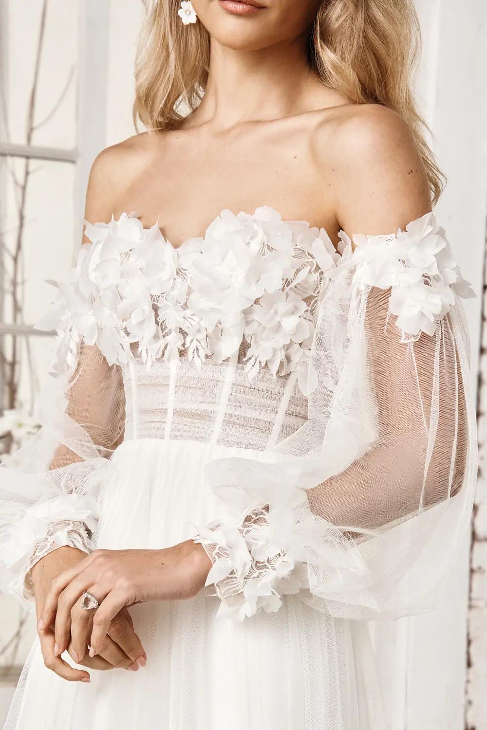 3D Lace Off the Shoulder Tulle Wedding Dress
