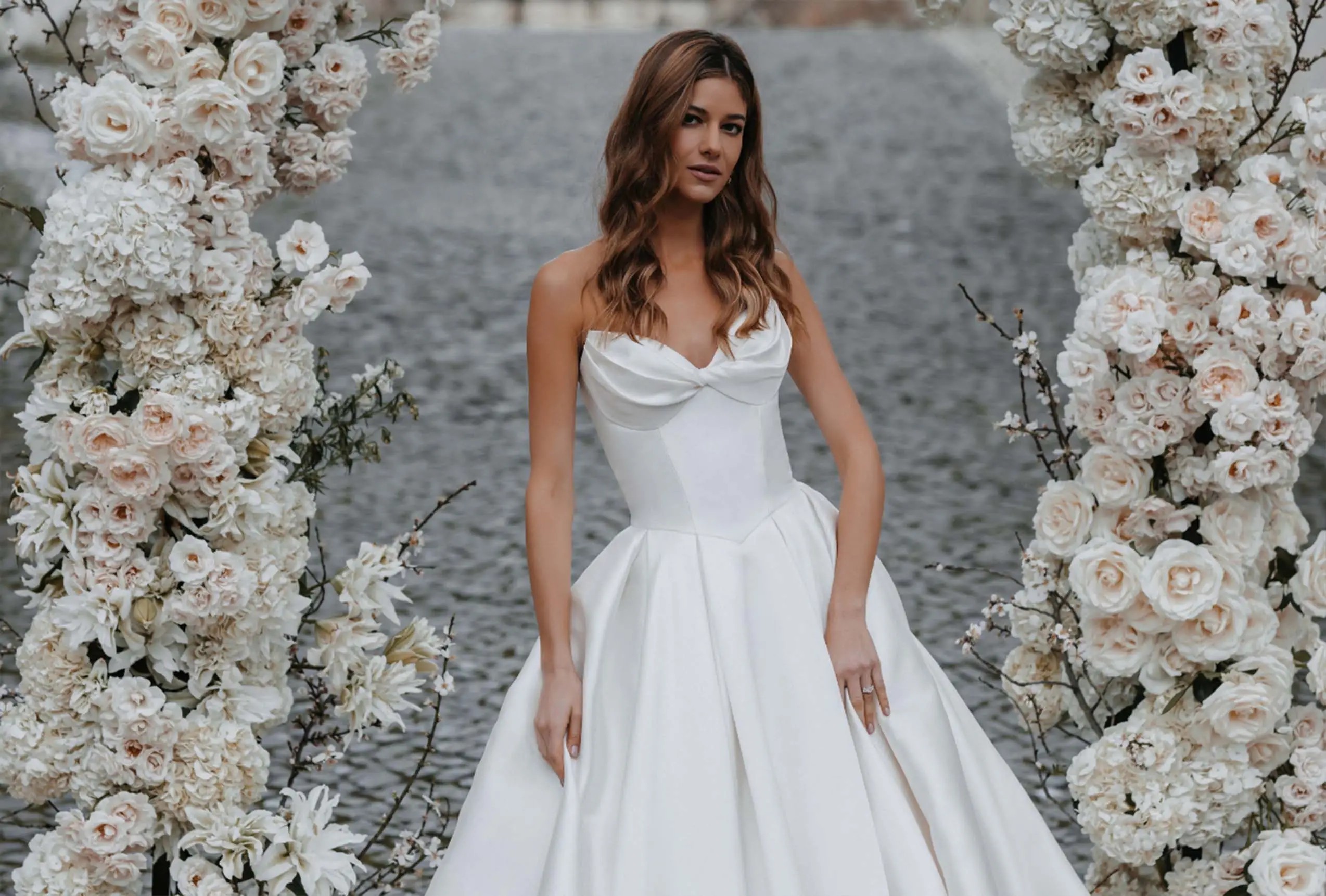 Model wearing strapless Mikado Ballgown Wedding Dress