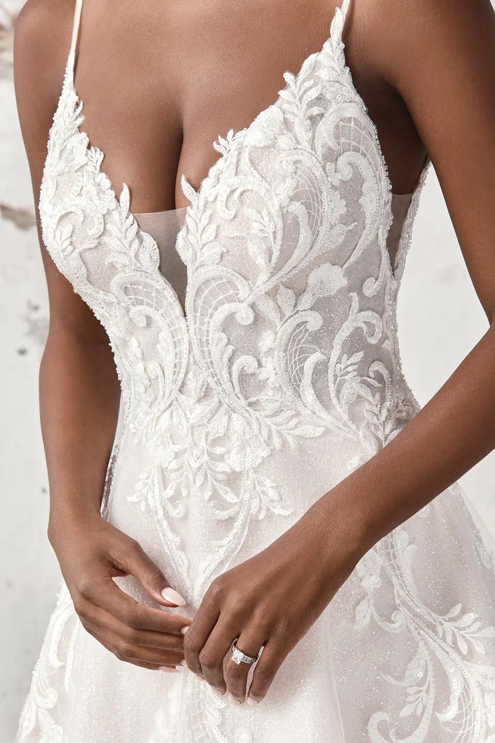 A line V-neck Wedding Dress with Brocade Lace Fabric