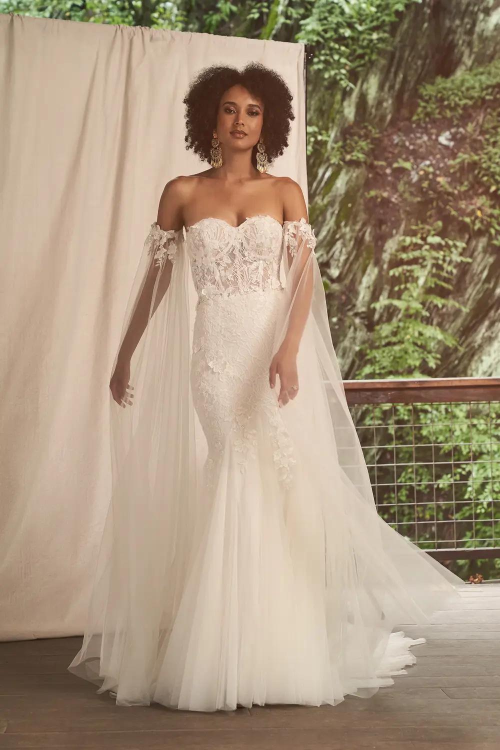 Strapless Lace Fit and Flare Wedding Dress with Detachable Flutter Sleeves